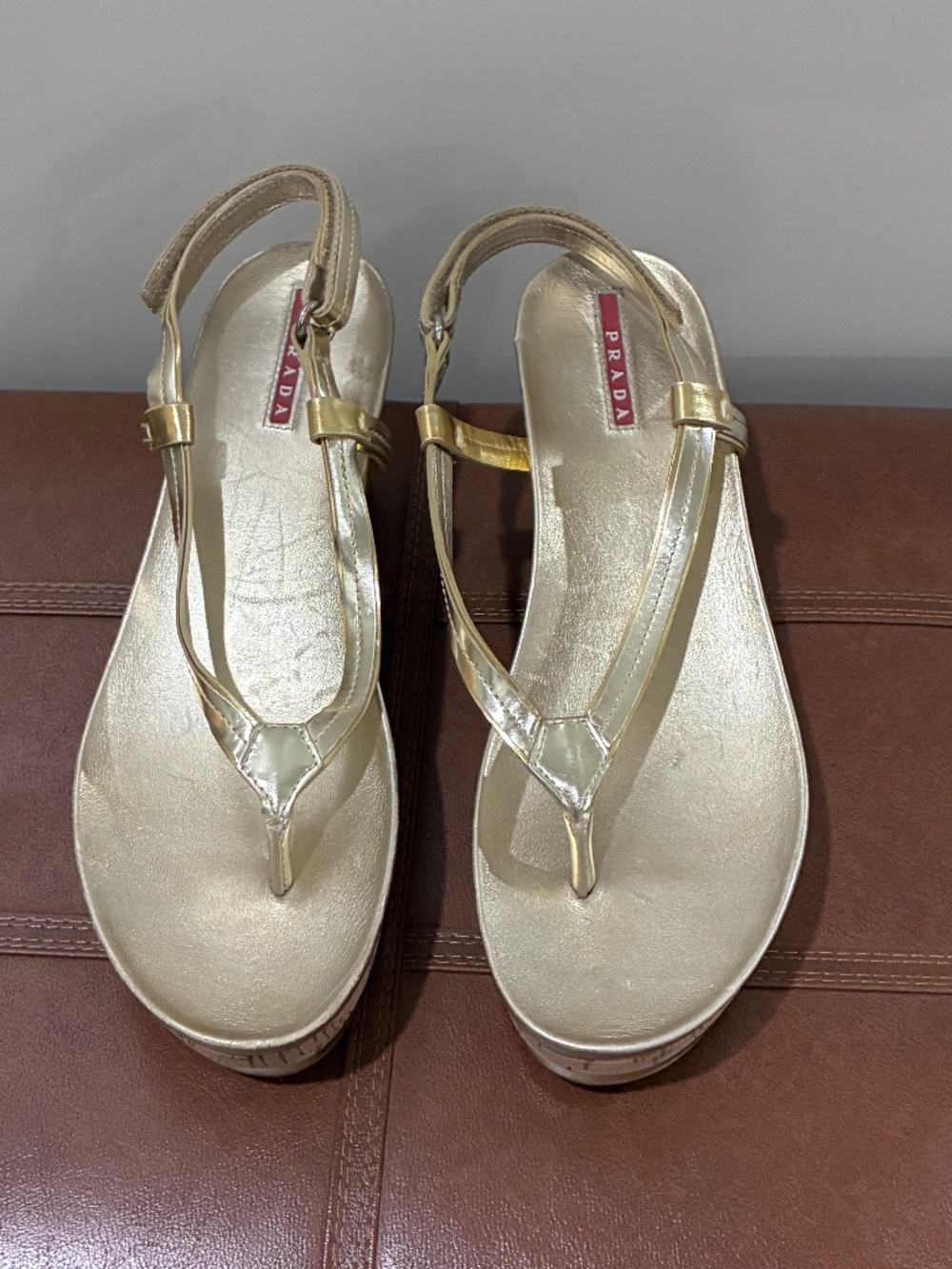 Prada Metallic Gold Leather Slingback Thong Sandals EU 39 US 9